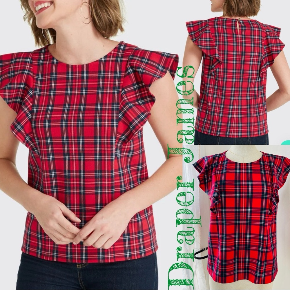 Draper James Red and Blue Plaid Ruffle Top